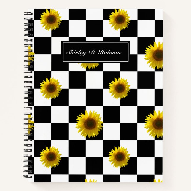 Carnet À damiers et tournesol noir et blanc (Devant)