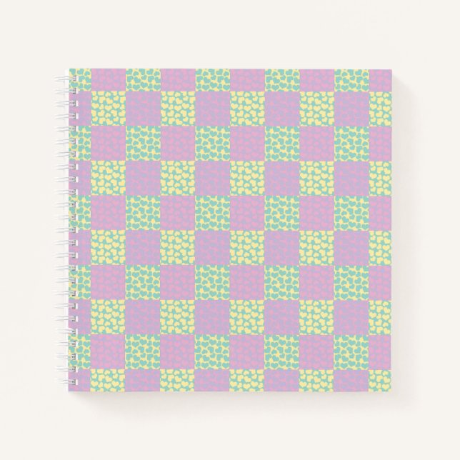 Carnet à damiers Love-Pastel rose, jaune, violet et vert (Devant)
