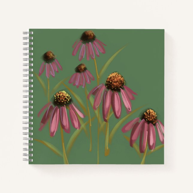 Carnet à fleurs d'échinacée - Vert bouilli et rose (Devant)