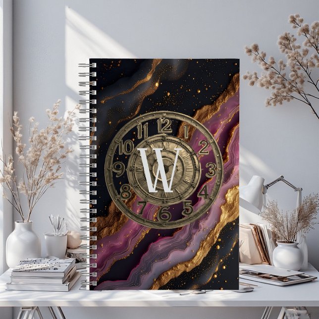 Carnet à monogramme personnalisé Agate Rose Métal  (Personalized Monogram Agate Pink Rustic Metal Luxe Notebook)