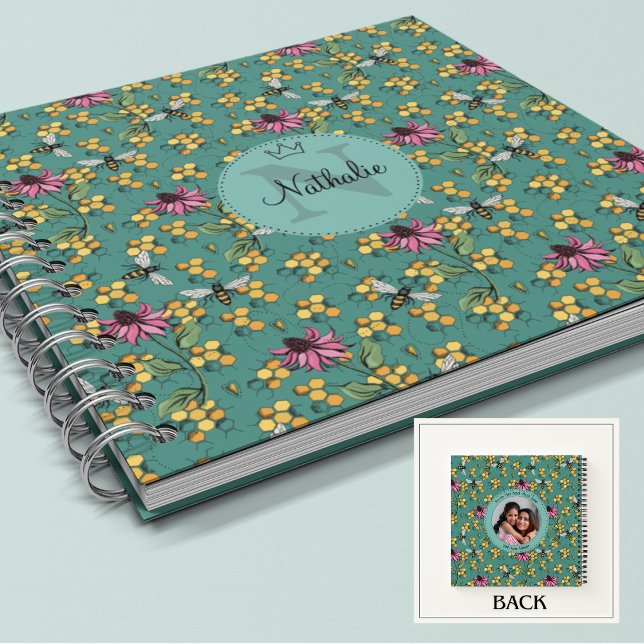 Carnet Abeille et fleur Turquoise moderne Monogramme fémi (Beautiful Nature Queen Bee, Honeycomb & Pink Exotic Flower Monogram & Name Custom Square Notebook. )