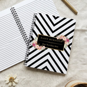 Carnet Abstrait Bandes Noires Blanches et Cadre Doré Flor