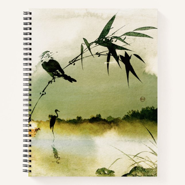 Carnet Abstrait japonais aquarelle paysage grue oiseau (Devant)