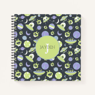 Carnet Adorable Green Aliens Space Ships UFO Kids