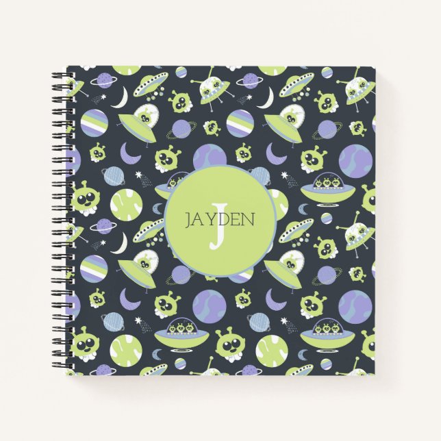 Carnet Adorable Green Aliens Space Ships UFO Kids (Devant)