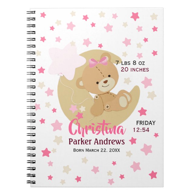 Carnet Adorable Teddy Bear Baby Girl Stats de naissance (Devant)
