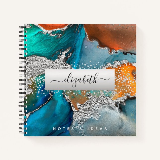 Carnet Agate aquarelle argent turquoise orange carré (Devant)