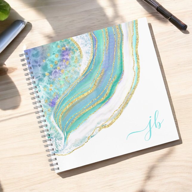 Carnet Agate moderne Aqua Purple Gold avec Monogramme (Personalize with your monogram initials for a stylish custom notebook.)