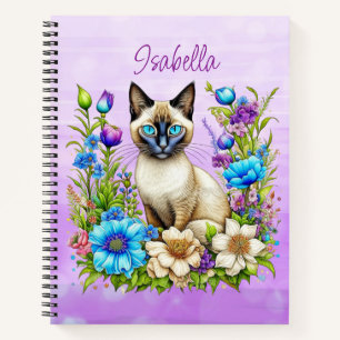 Carnet Ai Aquarelle Siamese Chat en Fleurs Personnalisé