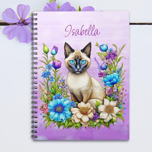 Carnet Ai Aquarelle Siamese Chat en Fleurs Personnalisé (Créateur téléchargé)