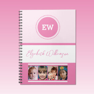 Carnet Ajouter nom initiales 4 photos blanc rose