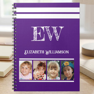 Carnet Ajouter nom initiales 4 photos violet blanc