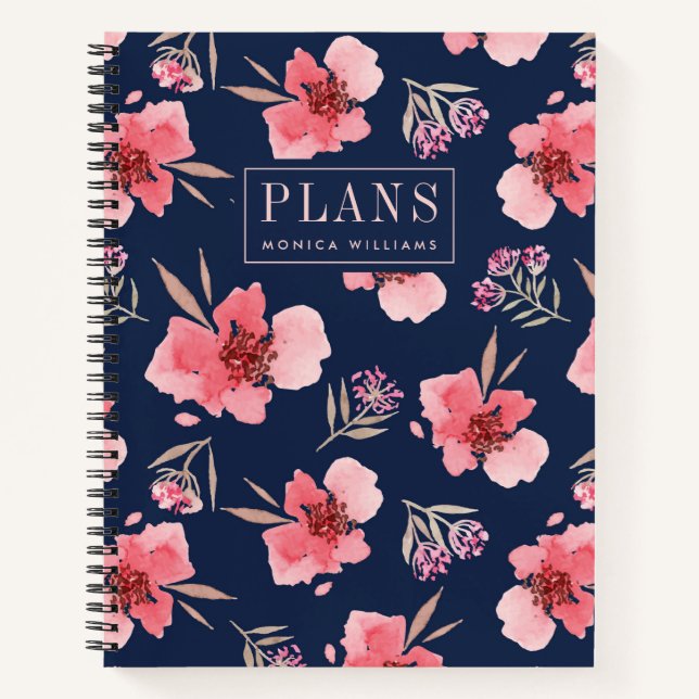 Carnet Ajoutez votre nom | Motif d'aquarelle rose foncé (Devant)