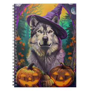 Carnet Alaskan Malamute Halloween sorcière et Citrouille