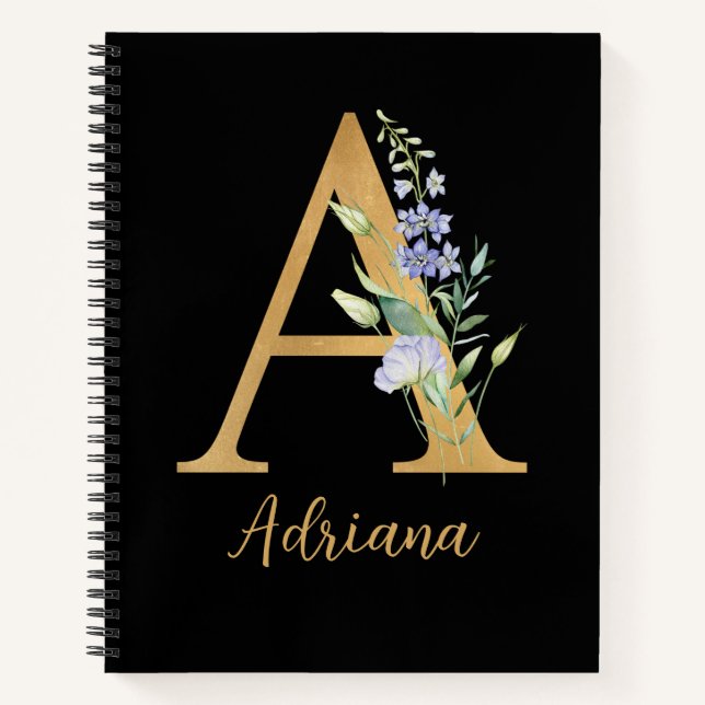 Carnet Alphabet D'Or A Avec Fleur Personnalisé (Devant)