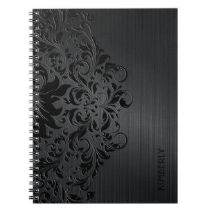 Carnet Aluminium brossé en métal noir et dentelle florale