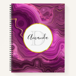 Carnet Améthyste Violet Et Monogramme D'Agate Abstrait Or