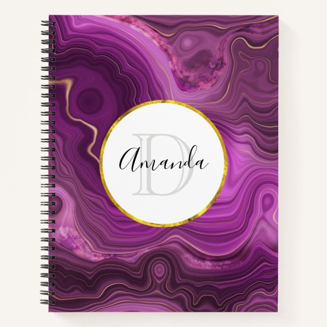 Carnet Améthyste Violet Et Monogramme D'Agate Abstrait Or (Devant)