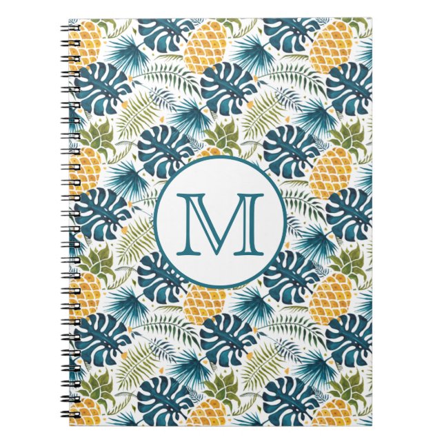 Carnet Ananas bleu paume feuille feuillage blanc monogram (Devant)