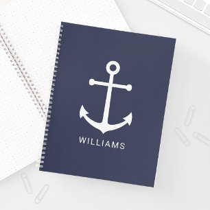 Carnet Ancre blanche marine et nom personnalisé sur bleu