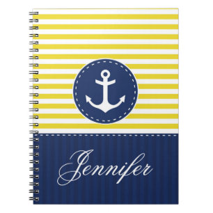 Carnet Ancre bleu Motif jaune Nom personnalisé