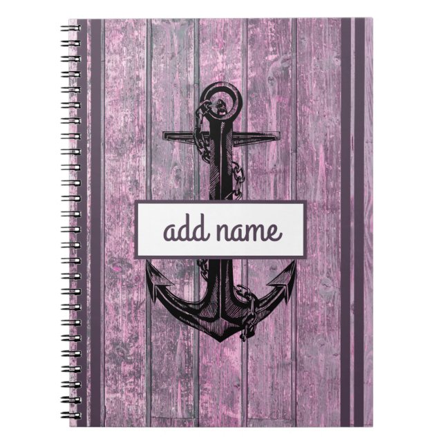 Carnet Ancre côtière rustique Nom rose Note nautique (Devant)