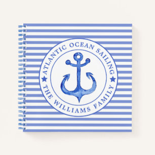 Carnet Ancre nautique Marine Bleu rayé Personnalisé