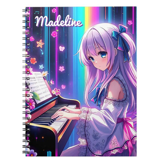 Carnet Anime Girl Jouer Piano Personnalisé (Devant)
