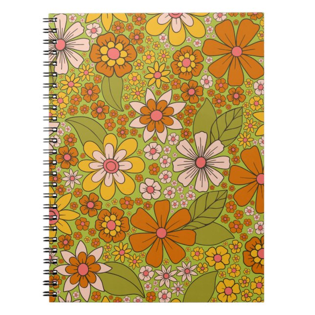Carnet Années 1960, 1970 Vert & Orange Retro Floral (Devant)
