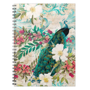 Carnet Antique Illustrated Peacock & Flowers Grunge