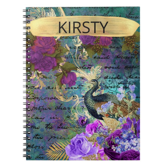 Carnet Antique Illustrated Peacock & Flowers Grunge (Devant)
