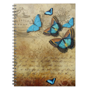 Carnet Antique Rustique Découpe et Papillons Bleus