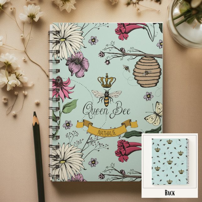 Carnet Aqua, Black & Gold Queen Bee, Crown & Soll (Chic Queen Bee Custom Notebook
Front: Personalized Name or Message
Back: Fun Queen Bee & Crown Print)