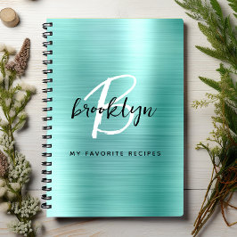 Carnet Aqua Brushed Metal Monogram Recipe Book