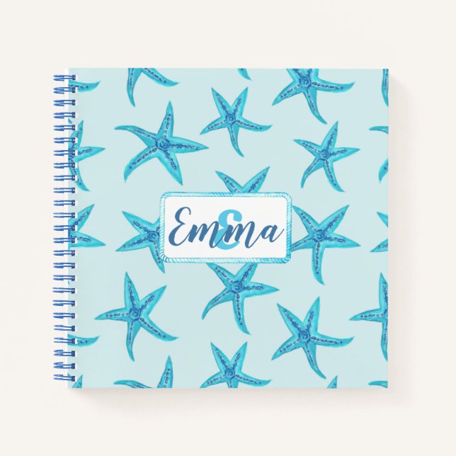 Carnet Aqua-turquoise bleu étoile de mer aquarelle-monogr (Devant)
