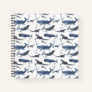 Carnet Aquarelle Baleine et Motif d'Ancres