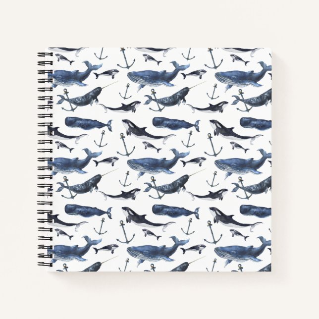 Carnet Aquarelle Baleine et Motif d'Ancres (Devant)