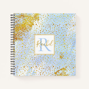 Carnet Aquarelle bleu clair, monogramme de confetti or