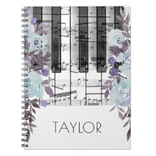 Carnet aquarelle bleu fleurs musique piano