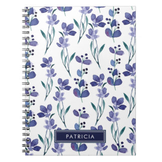 Carnet Aquarelle bleu motif floral personnalisé