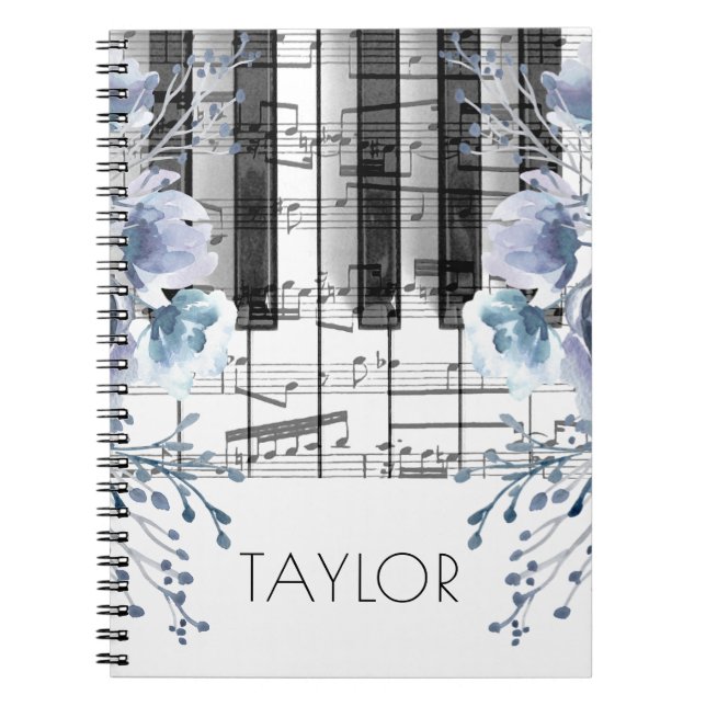 Carnet aquarelle bleu poussiéreux fleurs musique piano (Devant)