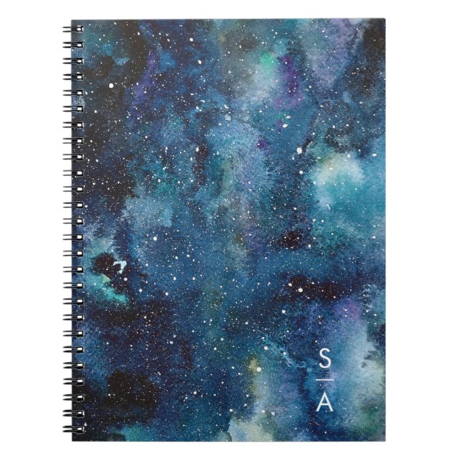 Carnet Aquarelle bleue Galaxie Espace étoiles Initiales (Devant)