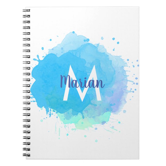 Carnet Aquarelle bleue Nom du monogramme Abstrait (Devant)