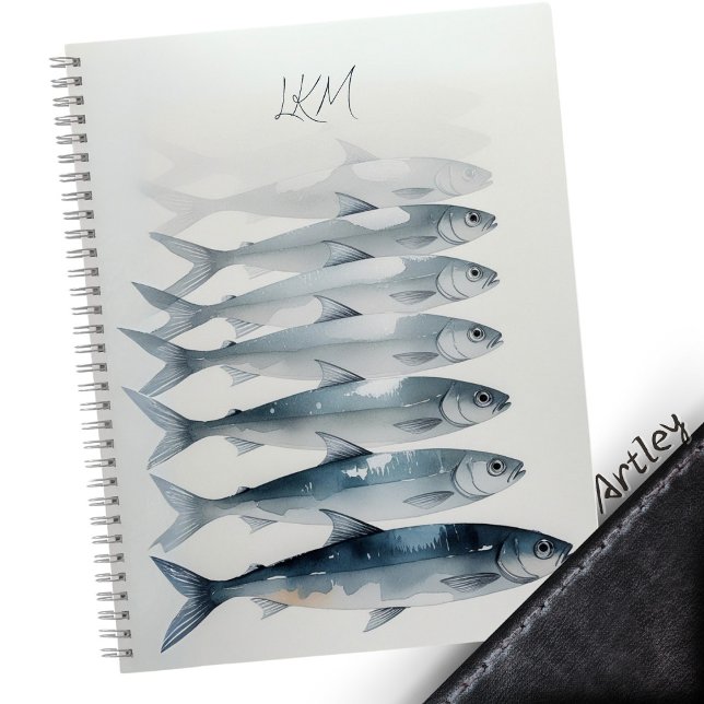 Carnet Aquarelle bleue Sardine Art Personnalisé Nom du mo (Créateur téléchargé)