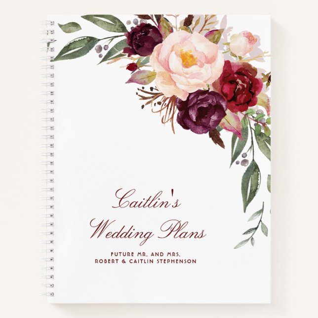 Carnet Aquarelle Bourgogne Florale Mariage élégant (Devant)
