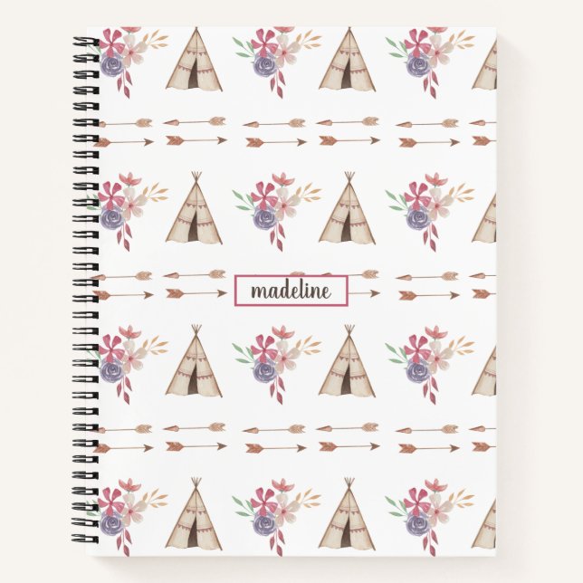 Carnet Aquarelle Cute Floral Boho Teepee Personnalisé (Devant)