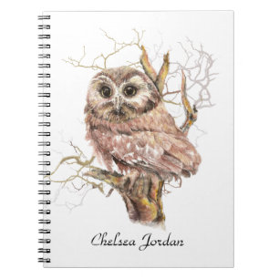 Carnet Aquarelle Cute Saw Whet Owl Bird Nom personnalisé