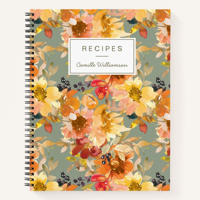 Carnet Aquarelle d'automne Floral Personnalisé Recette (Devant)