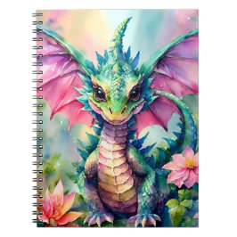 Carnet Aquarelle Dragon de bébé vert et rose