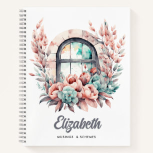 Carnet Aquarelle Fenêtre avec Fleurs roses et Succulents